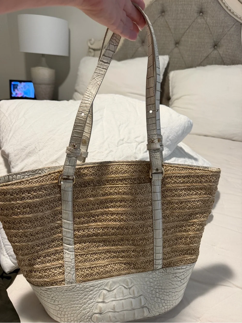 Brahmin Neutral Straw Tote Bag with White Croc Trim